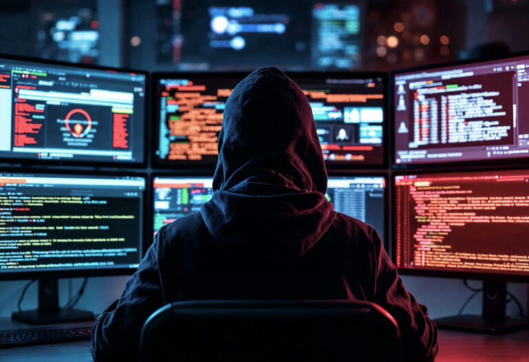 Hacker arbeitét an mehreren Bildschirmen